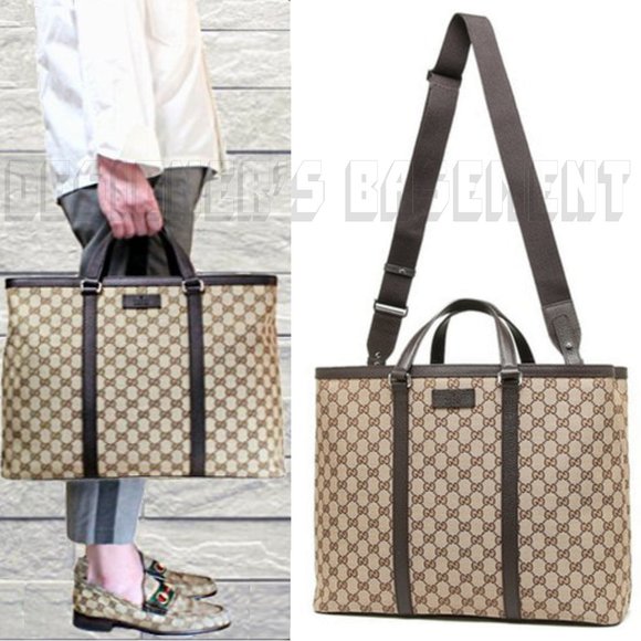 Gucci Other - GUCCI beige/brown ORIGINAL GG canvas brown Leather Large TOTE Shoulder Strap Bag